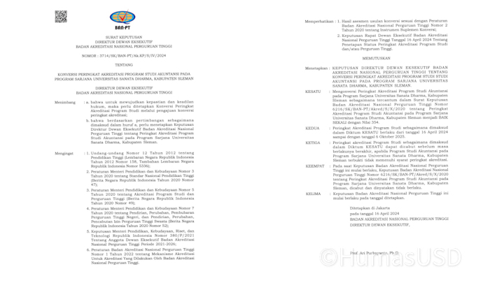 Surat Keputusan Peringkat Akreditasi Prodi Akuntansi dari BAN-PT (foto: istimewa) *
