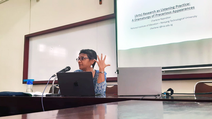 Charlene Rajendran, dalam seminar “(Arts) Research as Listening Practice: A Dramaturgy of Precarious Appearances”, 20-22 Februari 2024 (dok S3 KSM) x