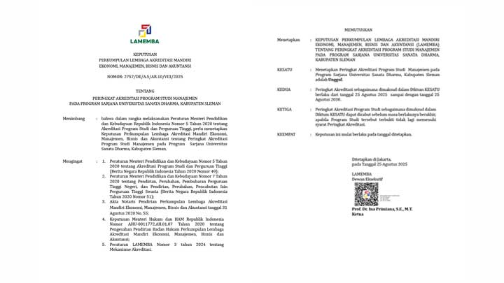 Surat Keputusan LAMEMBA tentang Peringkat Akreditasi Unggul Prodi Manajemen Program Sarjana (dok. LPMAI) Surat Keputusan LAMEMBA tentang Peringkat Akreditasi Unggul Prodi Manajemen Program Sarjana (dok. LPMAI)